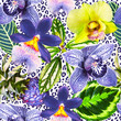 Bright orchid flowers with green exotic leaves on the leopard skin background. Tropical pattern. Photo collage with exotic plants. Yellow, blue and green colors.