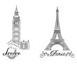hand sketch World famous landmark collection : Big Ben London, England and sketch of Paris, Eiffel Tower. Vector illustration