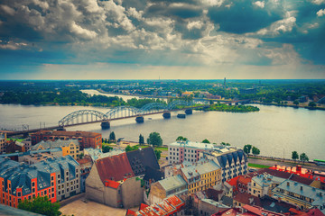Fototapete - Panoramic wiev of Riga city with cloudy sky, Latvia, Europe