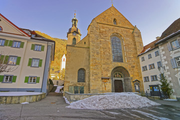 St Maria Himmelfahrt in Chur at sunrise in winter