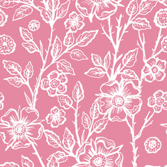 Hand drawn dog-rose silhouette floral seamless pattern