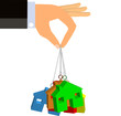 Affordable Housing (Vector). An illustration of a man in suit's extended hand dangling a set of housing units suspended on strings.