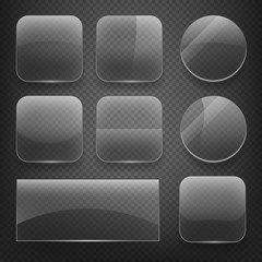 Poster - glass square, rectangular and round buttons on checkered background. gloss glass, blank glass, empty