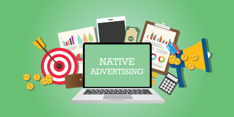 Poster - native advertising concept with marketing media and tools illustrated in laptop