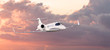 Frontal view of a private jet flying