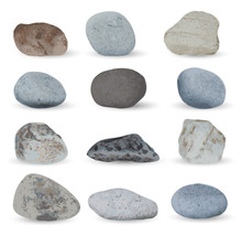 Grey Sea Stones Collection Isolated On White Background. Vector Illustration.