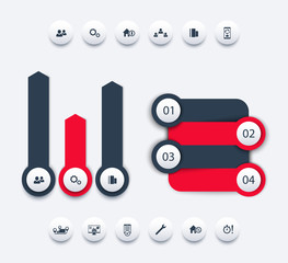 Sticker - business analytics infographic elements, business report design, timeline, step labels, 1 2 3 4, growth arrows, round icons, vector illustration