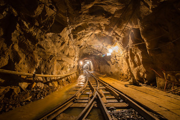 Canvas Print - gold mine underground ore tunnel with rails