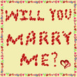Text will You marry me? of rose petals on a blue background, frame of hearts.  All objects are grouped. Vector.
