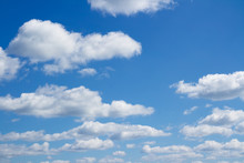 Cloudscape Over Horizon. White Heap Clouds In The Blue Sky. 