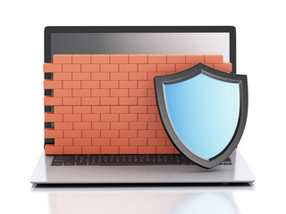 Poster - 3d Laptop with brick wall. Firewall concept.