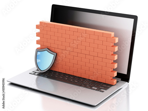 Fotografía 3d Laptop with brick wall. Firewall concept.