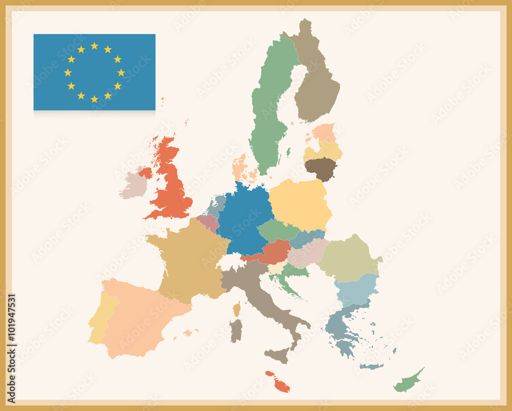 Vintage Political Map of European Union with EU flag Stock Vector ...