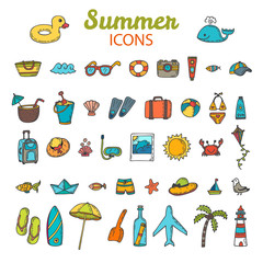 Wall Mural - Beach icons collection. Hand drawn summer vector icon set.  Vaca