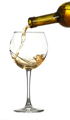 Poster - White wine pouring in glass, isolated on white