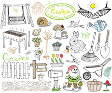 Garden Set Doodles Elements. Hand Drawn Sketch With Gardening Tools, Flovers And Plants, Garden Figures, Gnome Mushrooms, Rabbit, Nest And Birds, Backyard Swing. Drawing Doodle, Isolated On White