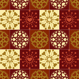 Fototapeta Kuchnia - Christmas seamless pattern of heart snowflakes. New Year, Valentine day, birthday texture. Unusual stylized ornament. Brown, green, orange colored background. Winter, coffee, chocolate theme. Vector