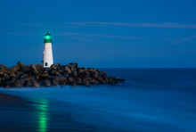 Santa Cruz Breakwater Lighthouse In Santa Cruz, California At Night