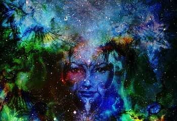 Aufkleber - goodness woman and bird with ornamental mandala, space background with stars. eye contact. titmouse bird.