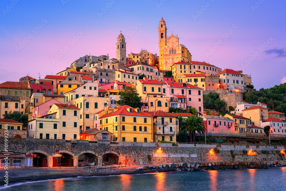 Cervo on mediterranean coast of Liguria, Italy - obrazy, fototapety, plakaty 