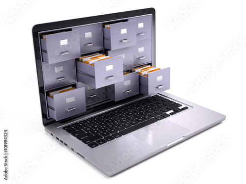 Fotografie, Obraz File Cabinets inside the screen of laptop isolated on white