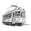 Retro tram. Picture of vintage transport. Old times. Vector hand drawn sketch.