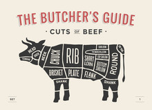 Cut Of Beef Set. Poster Butcher Diagram And Scheme - Cow. Vintage Typographic Hand-drawn. Vector Illustration.