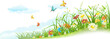Green spring summer meadow with grass, flowers, butterfly and clouds