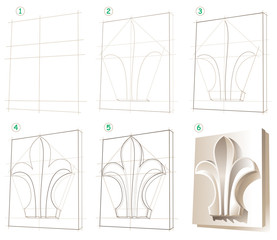 Page shows how to learn step by step to draw a gypsum ornament. Developing skills for drawing. Vector image.