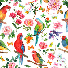 Vintage Style Seamless Background Pattern With Birds, Roses And Butterflies