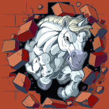 White Horse Mascot Crashing Through Wall Vector Illustration
