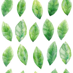 Watercolor green leaves seamless pattern background