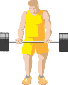 Biceps exercise with barbell. Muscular young boy do biceps exercise with barbell.