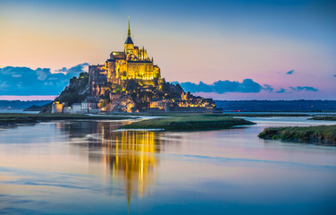 Mont Saint-Michel in twilight at dusk, Normandy, France