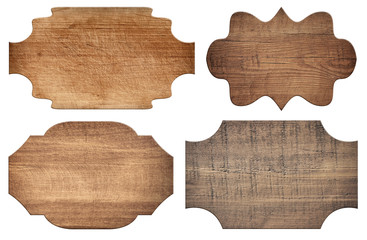 Wall Mural - brown ornamental wooden signboard, planks are isolated on white background