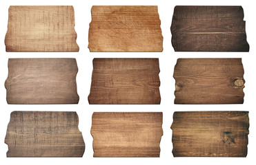 Wall Mural - brown wooden boards, signboard, planks are isolated on white background