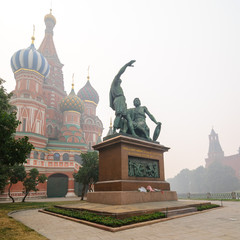 MOSCOW, RUSSIA - AUGUST 08, 2010: View of St. Basil Cathedral during the smog in Moscow