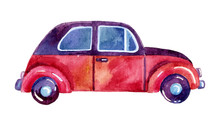 Watercolor Car, Hand Painted Illustration.