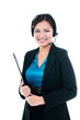 © iPortret - Happy customer service staff with headset and holding clipboard over white background.