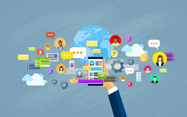 Poster - Hand Hold Cell Smart Phone Social Network Communication Concept Flat Design Vector Illustration