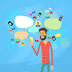 Poster - man chatting texting, social network communication flat vector illustration