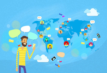 Poster - Man Chatting Texting, Social Network Communication Concept World Map Coworking Flat Vector Illustration