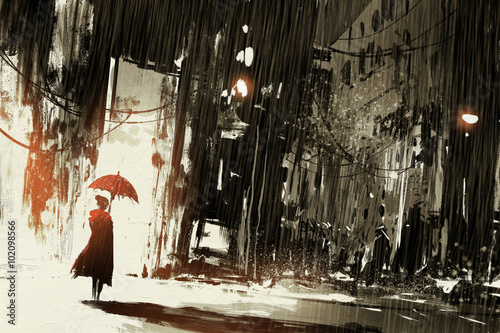 Naklejka na meble lonely woman with umbrella in abandoned city,digital painting