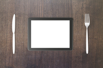 Poster - Gadget concept with blank digital tablet screen with fork and kn