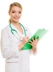 Poster - Woman doctor in lab coat with stethoscope. Medical