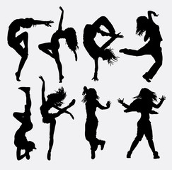 Sticker - Cool dancing 3. girl dancer activity silhouette. Good use for symbol, web icon, game elements, logo, sign, mascot, or any design you want. Easy to use.