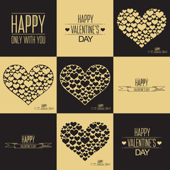 Poster - Happy Valentines day cards. Set of heart sign symbols. Heart of many hearts. Black and gold color vector illustration.