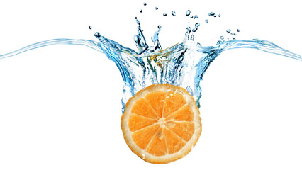 Wall Mural - fresh orange dropped into water with splash