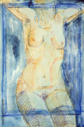 Naklejka na meble Naked female torso seen through a blue rectangle. The dabbing technique near the edges gives a soft focus effect due to the altered surface roughness of the paper.