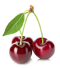 Juicy cherry with leaf close-up on a white background.